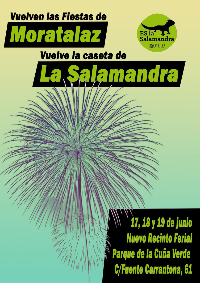 Hoola! 
QUE SIIII!! TENDREMOS CASETA EN LAS FIESTAS!! 
27,18 y 19 en la Cuña Verde. 
Conciertos, atracciones, la rifa y la muñeca chochona!! Vente a nuestra caseta a por el mini y el bocadillo de panceta, o tu comida vegana, o el mojito cubano!!
#MuchaSalamandra
#NosVemosEnLaSede