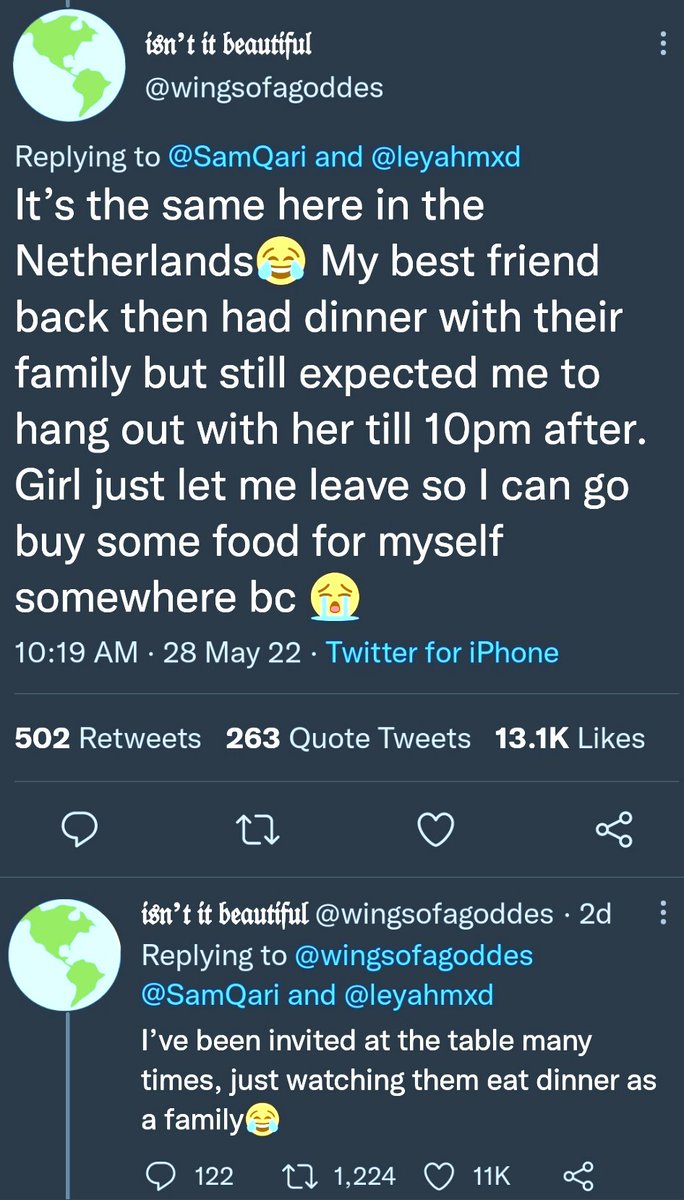 تقول أخرى: نفس الشيء يحصل في هولندا، أعز صديقاتي في ذلك الوقت لم تجد حرجا في أن تدعوني لأبقى حتى وقت...