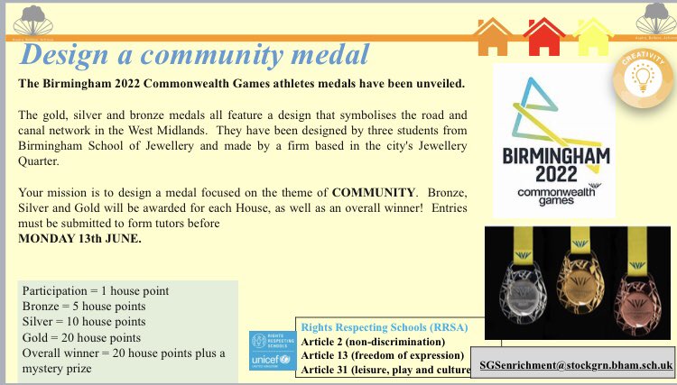 StockgrnEng's tweet photo. Have you designed your community medal yet? Entries are due in on Monday 13th June 🏅 @Stockgrn @SGSHouseEnrich https://t.co/z0Rn6JXnOC