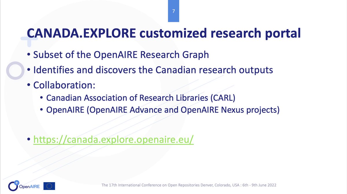 lpispir's tweet photo. National OpenAIRE Explore Portals. This @OpenAIRE_eu service builds customized research portals where all the research outputs of a specific country can be searchable and accessible. The case of CANADA.EXPLORE. #OpenRepos2022 @OpenRepos #OpenAIRE #OpenAIRE_Services https://t.co/5VQsH21sCG