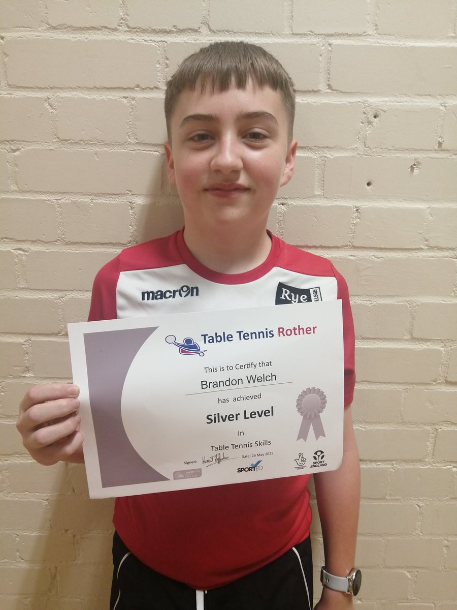 RotherTabTen's tweet photo. Congratulations to Brandon @ryecollegeuk on passing the #tabletennis skills silver award at the after school club. Well deserved. #Rye #Bexhill #Rother #Hastings #ActiveRother https://t.co/8Vqe9AtEKw