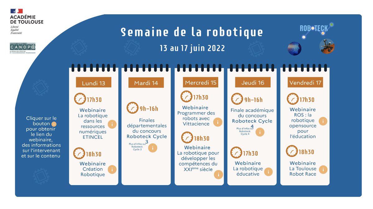 🤖 La semaine de la robotique se déroule dans l'<a href="/actoulouse/">Académie de Toulouse</a> du 13 au 17 juin !
🗓 Retrouvez le programme détaillé, avec une série de #webinaires et les finales des concours #Roboteck Cycle 3 et Cycle 4 ici 👉 disciplines.ac-toulouse.fr/dane/semaine-d…