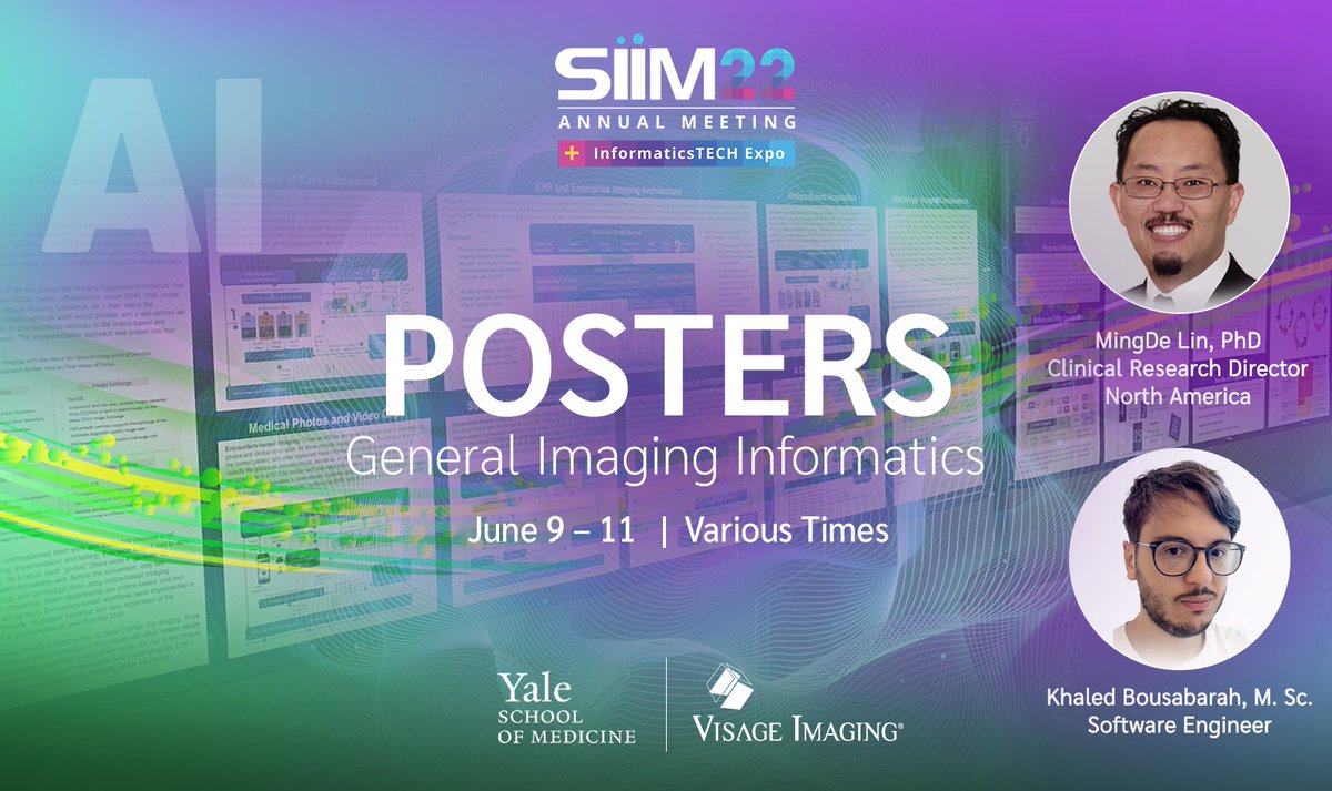 👏 <a href="/YaleMed/">Yale School of Medicine</a> <a href="/YaleRadiology/">Yale Department of Radiology & Biomedical Imaging</a> <a href="/YaleInformatics/">Yale Program for Innovation in Imaging Informatics</a> team &amp; <a href="/MingDeLin1234/">Ming Lin</a> Khaled Bousabarah on 5 posters at #SIIM22!  hubs.la/Q01d2Rz20 Also, 👏 to these Visage customers for their posters: <a href="/MedStarHealth/">MedStar Health</a> (2) <a href="/NYUImaging/">NYU Langone Health Department of Radiology</a> (1) &amp; <a href="/MayoRadiology/">Mayo Clinic Radiology</a> (4) <a href="/SIIM_Tweets/">SIIM</a> <a href="/MariamAboian/">Mariam Aboian</a> #BTRG