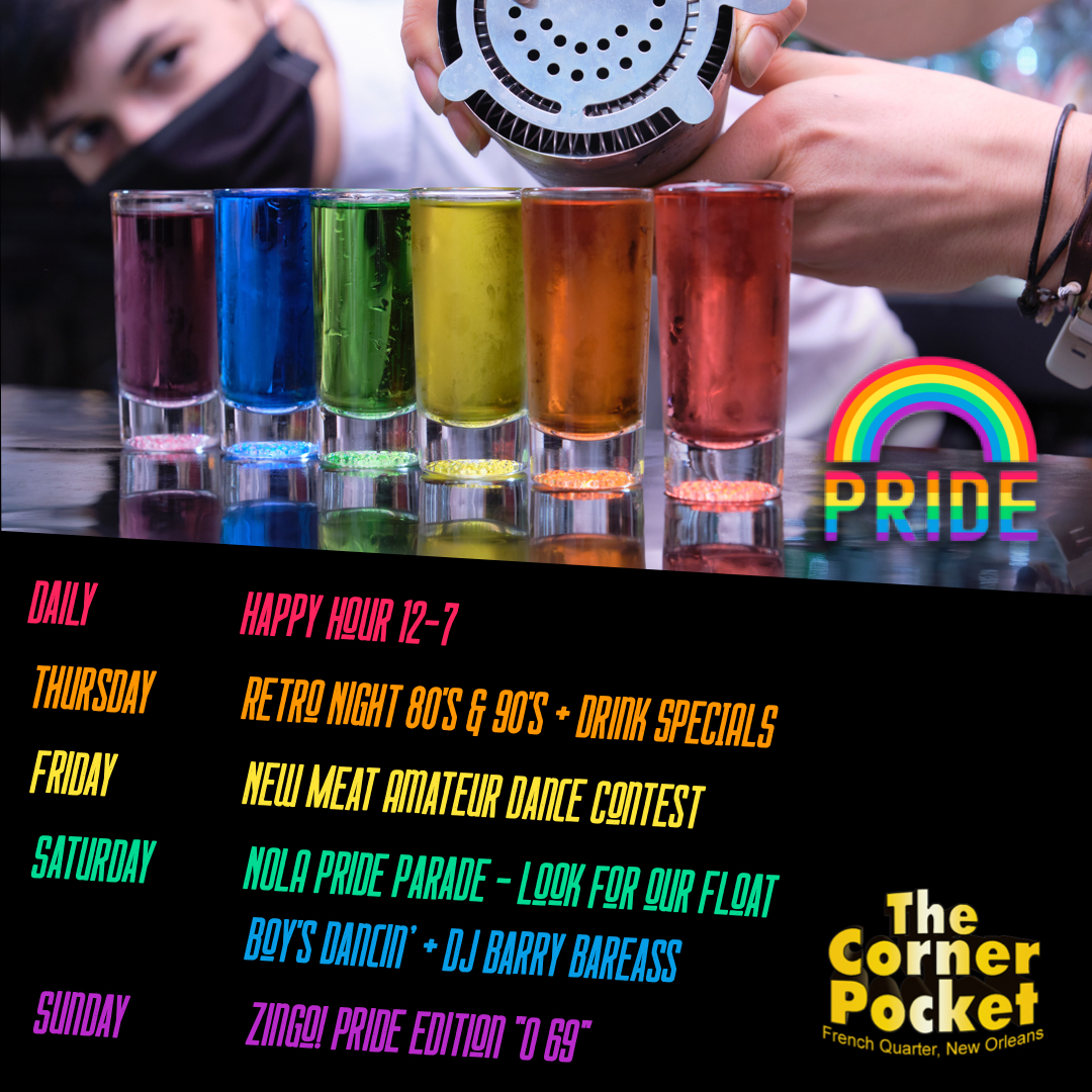 cornerpocketno's tweet photo. Happy 🏳️‍🌈 Pride! Celebrate with the Corner Pocket boys all weekend. We'll be in the New Orleans Pride Parade on Saturday and dancin' on the bar nightly from 9PM until.  Come see the Gulf South's finest all male entertainment for 40 years—check out the calendar of events. #gaybar https://t.co/cYcrmx9QIN