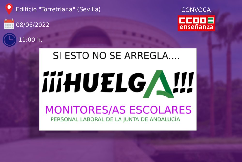 Monitorenlucha's tweet photo. 📢🪧@atsipras
#MonitoresEnLucha y #MonitorasEnLucha
Último día de matriculación @feccooand CONVOCA
#HUELGA 
🗓️08/06/2022
📍Torretriana (Sevilla)
🕐11:00 h.
Lo avisamos, no nos escucharon...
Más info: https://t.co/f4jJQbVyeO
#JornadaCompletaYA #35h
#EleccionesAndalucía2022 https://t.co/2fVc82rfaq