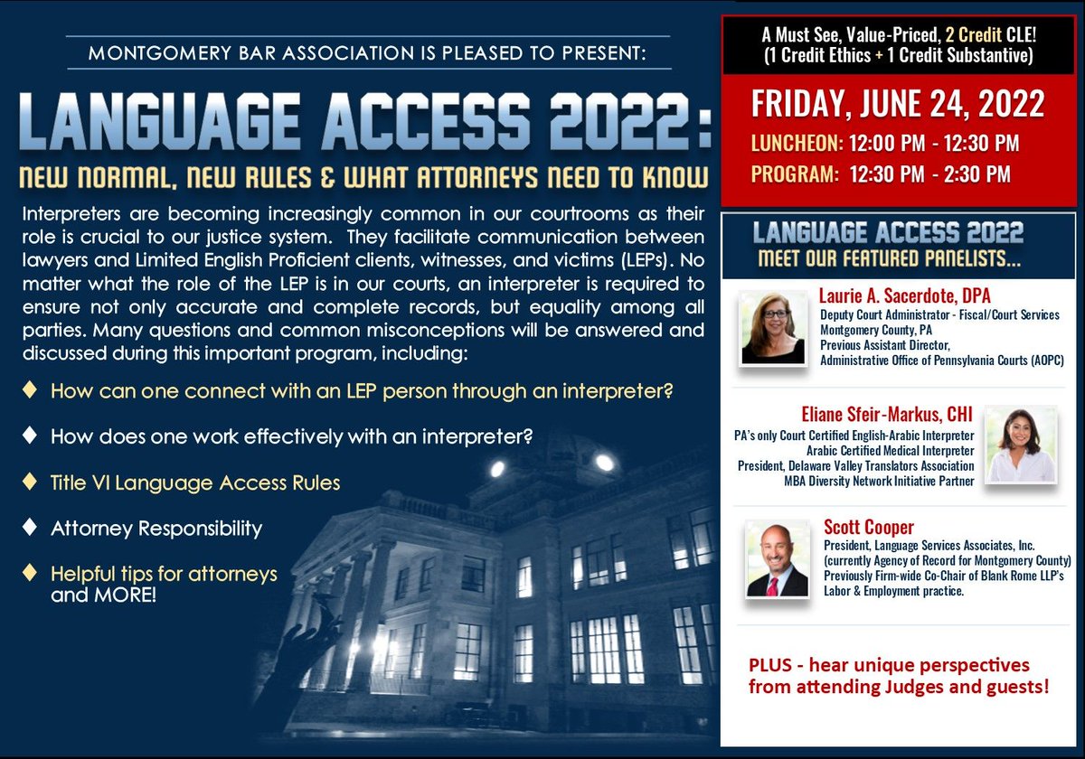 More MUST SEE CLE at the MBA...Language Access 2022 -- what attorneys need to know about #languagerights for #LEP clients, witnesses and victims  in our courts. Two credits, One Value-Priced CLE! bit.ly/3MuMIa7