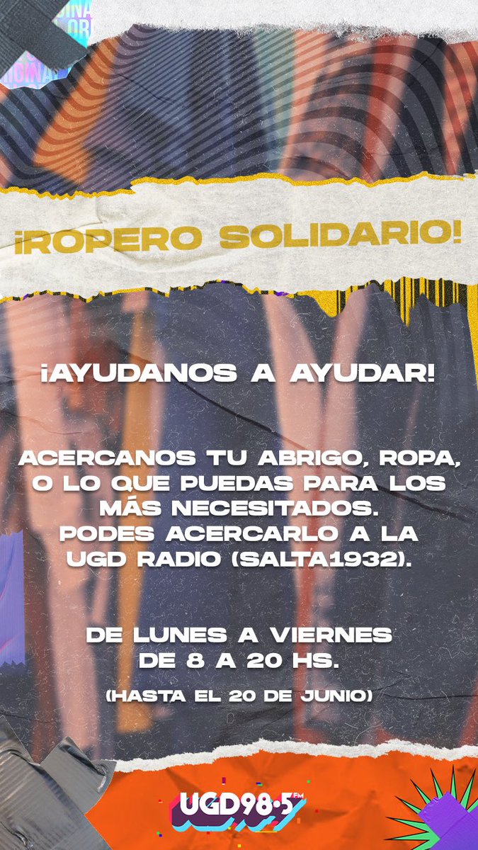 • AYÚDANOS A AYUDAR • 🙌🏻
• Ropero solidario, acércanos tu abrigo, ropa o lo que ya no uses para los que más necesitan, podes acercarlo a la UGD RADIO 📻 •