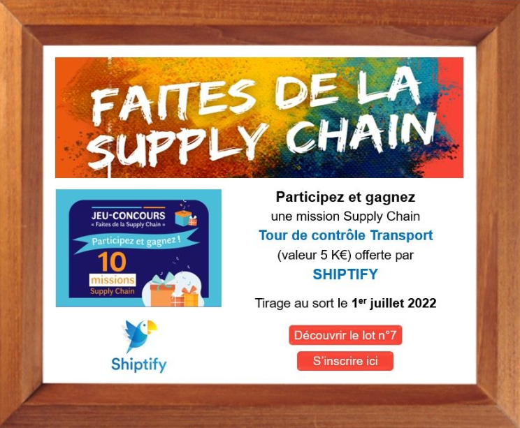Le 7ème lot du jeu-concours « Faites de la Supply Chain » est en ligne! Grâce à la tour de contrôle de <a href="/Shiptify/">Shiptify</a>, vous pourrez, entre autres, suivre toutes vos expéditions sur une plateforme unique, automatiser vos process...
> Tentez votre chance: lnkd.in/eEHJUY7Q