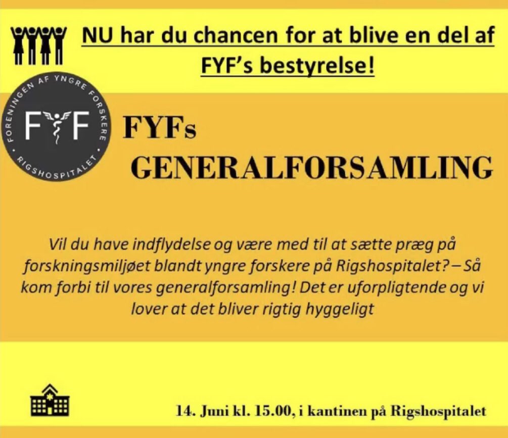 Generalforsamling i fyf 🎉🤓

✅ Sted: RHs kantine 🎯🏢🏨
✅ Hvornår: 14. Juni kl 15 🗓

☕️ 🥐 🍭

#komglad #velmødt #værmed #renhygge

#rigshospitalet inkl #glostrup