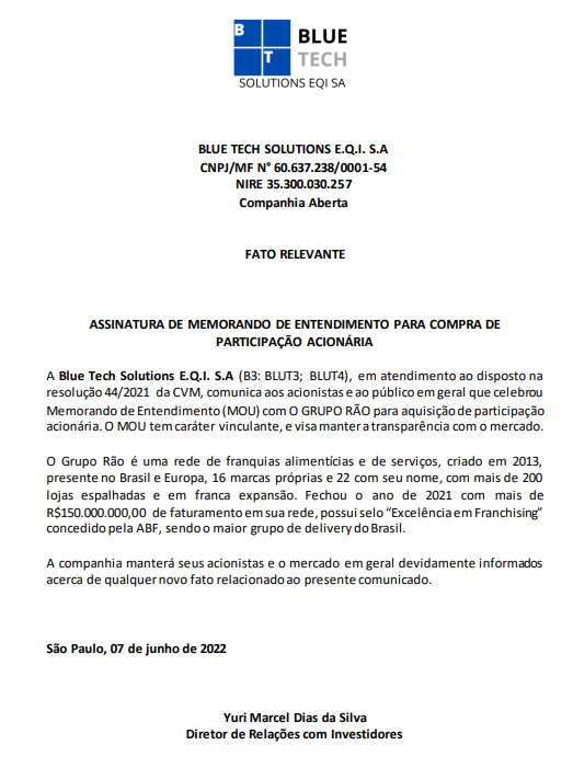 claudio_fei's tweet photo. #BLUT3 / #BLUT4
Blue Tech assinou Memorando de Entendimento para compra de participação acionário no GRUPO RÃO @gruporao.
O Grupo RÃO é o maior grupo de delivery do Brasil. https://t.co/R7liJB5V1o