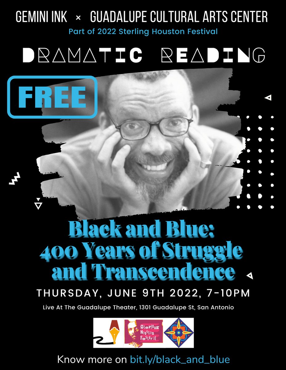 GeminiInk's tweet photo. [IN 2 DAYS] Save the date for Black and Blue: 400 Years of Struggle and Transcendence takes place on June 9th at the Guadalupe Theater. Info at: https://t.co/Rrym1NuXIQ

#SHFest2022 #SHFest #SterlingHouston #SAFestival #SATheatreFestival #TheatreFestival #SHFCollectives https://t.co/XnzC3EjCHa