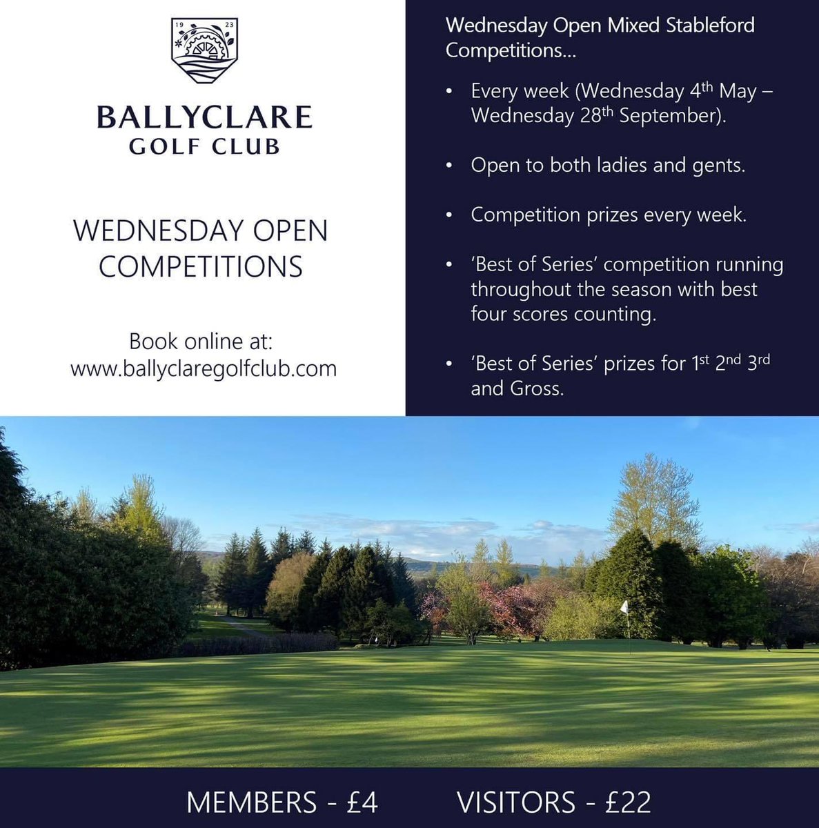Competitive £22/visitor rate for our very popular Open competitions.  Continues on Wednesday 8th June, weekly until 28/9/22. 

Additional to weekly prizes, a ‘Best of Series’ counts your best four scores over the series. Book now:
brsgolf.com/ballyclare/ope…