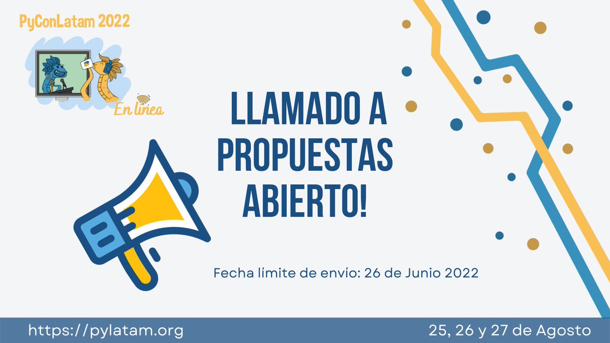 PyLatam's tweet image. ¿Tienes alguna propuesta interesante que quieras compartir con la comunidad?

¡Aún tienes tiempo para hacerlo!

🗓 CFP cierra Junio 26, 2022 18:00 CDT

¡Envía tu propuesta! 👇🏽
papercall.io/pyconlatam22

#Python 🐍
#pycon
#Latam
#PyConLatam21