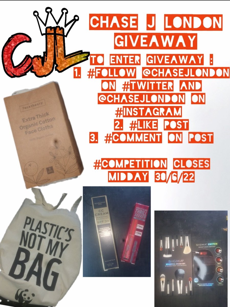 CHASEJLONDON's tweet photo. CJL #GIVEAWAY 

#SIGMA SWITCH N BRUSH SET 
#Revolutionpro FOUNDATION
#rimmel MASCARA
#FACETHEORY FACE CLOTH 
#WWF BAG

To enter giveaway
1. #Follow @chasejlondon on #twitter n @chasejlondon on #Instagram 
2. #like post
3. #Comment on post

#Competition closes midday 30/6/22 https://t.co/C8OxReXHzq