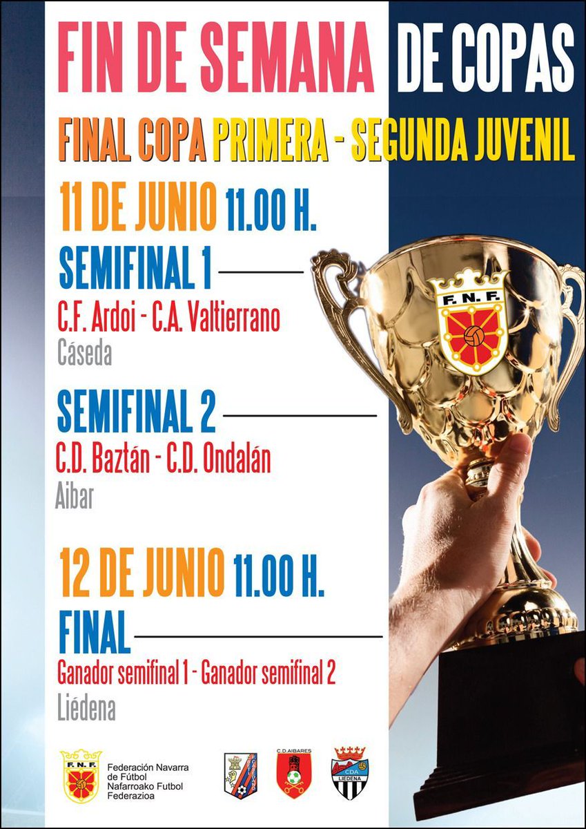 Este domingo tendremos el honor de acoger la Final de Copa de categoría juvenil. Mucha suerte a los cuatro participantes @ardoifutbol <a href="/valtierrano1941/">CAValtierrano 1941</a> <a href="/BaztanCd/">CD BAZTAN KE</a>  y CD Ondalan