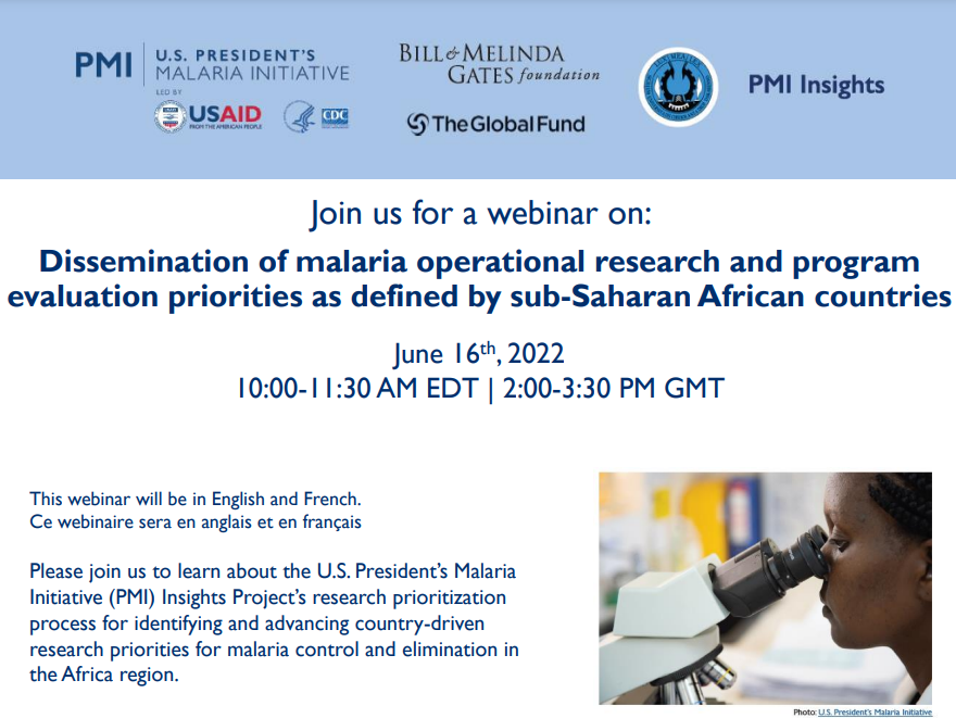 Led by experts in sub-Saharan Africa, the <a href="/PMIGov/">U.S. President's Malaria Initiative (PMI)</a> Insights Project's research prioritization process identified key research topics to help #EndMalaria. Join our webinar on June 16 to find out more: insightsmalaria.org/news/posts/web…