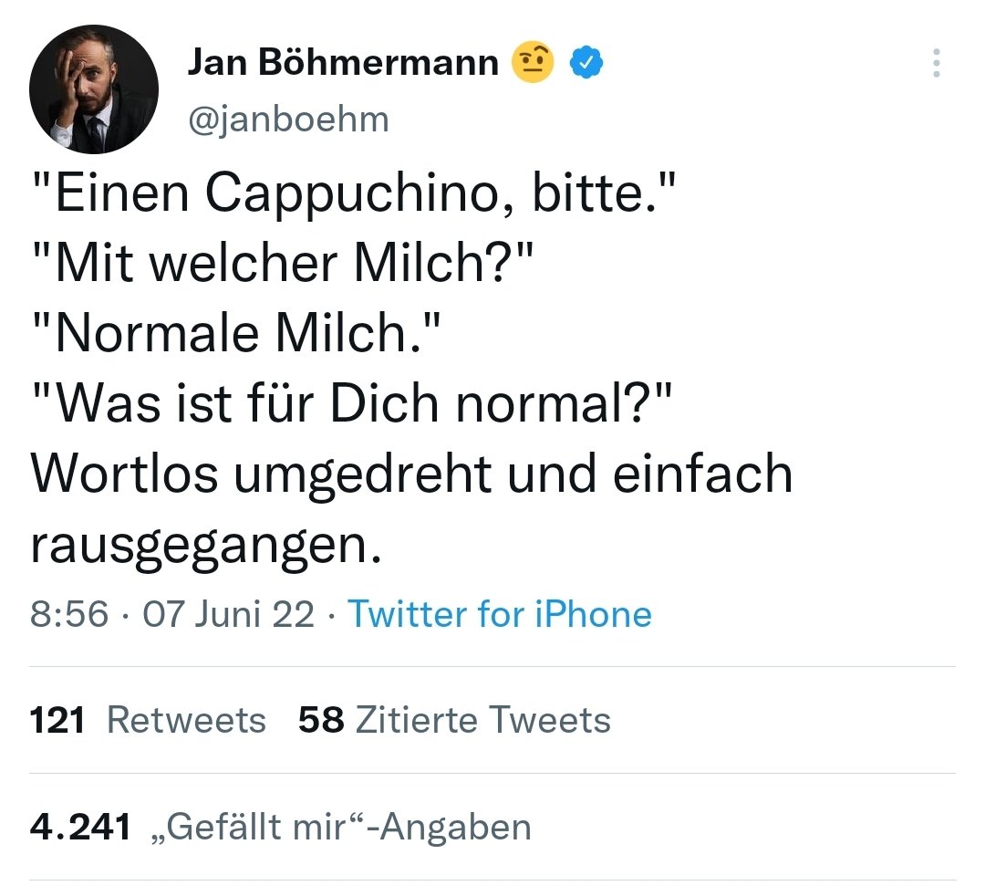 "Einen Cappuccino, bitte"
"Wie möchten Sie zahlen?"
"Mit #Bitcoin"
"Gibt es bei uns nicht!"
Wortlos umgedreht und einfach rausgegangen.
