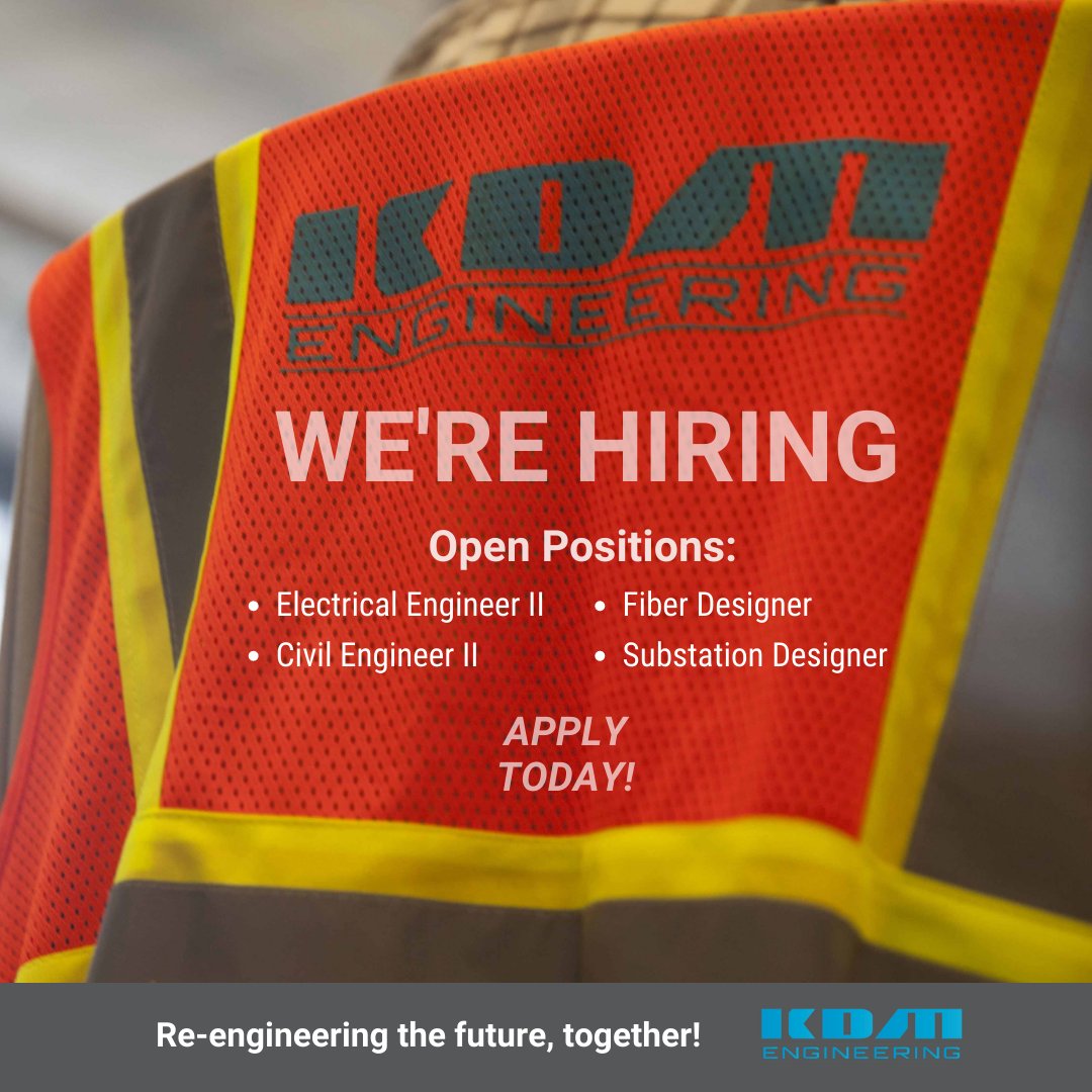 KDMEngineering's tweet photo. Bring your unique voice, experience, and talent to our team as a #ElectricalEngineerII, #CivilEngineerII, #FiberDesigner, or #SubstationDesigner. Come see why we're different. https://t.co/uP8HIkDi6T
#substation #fiber #electricalengineering #civilengineering #EngineeringJobs https://t.co/YbmoO7W9Km