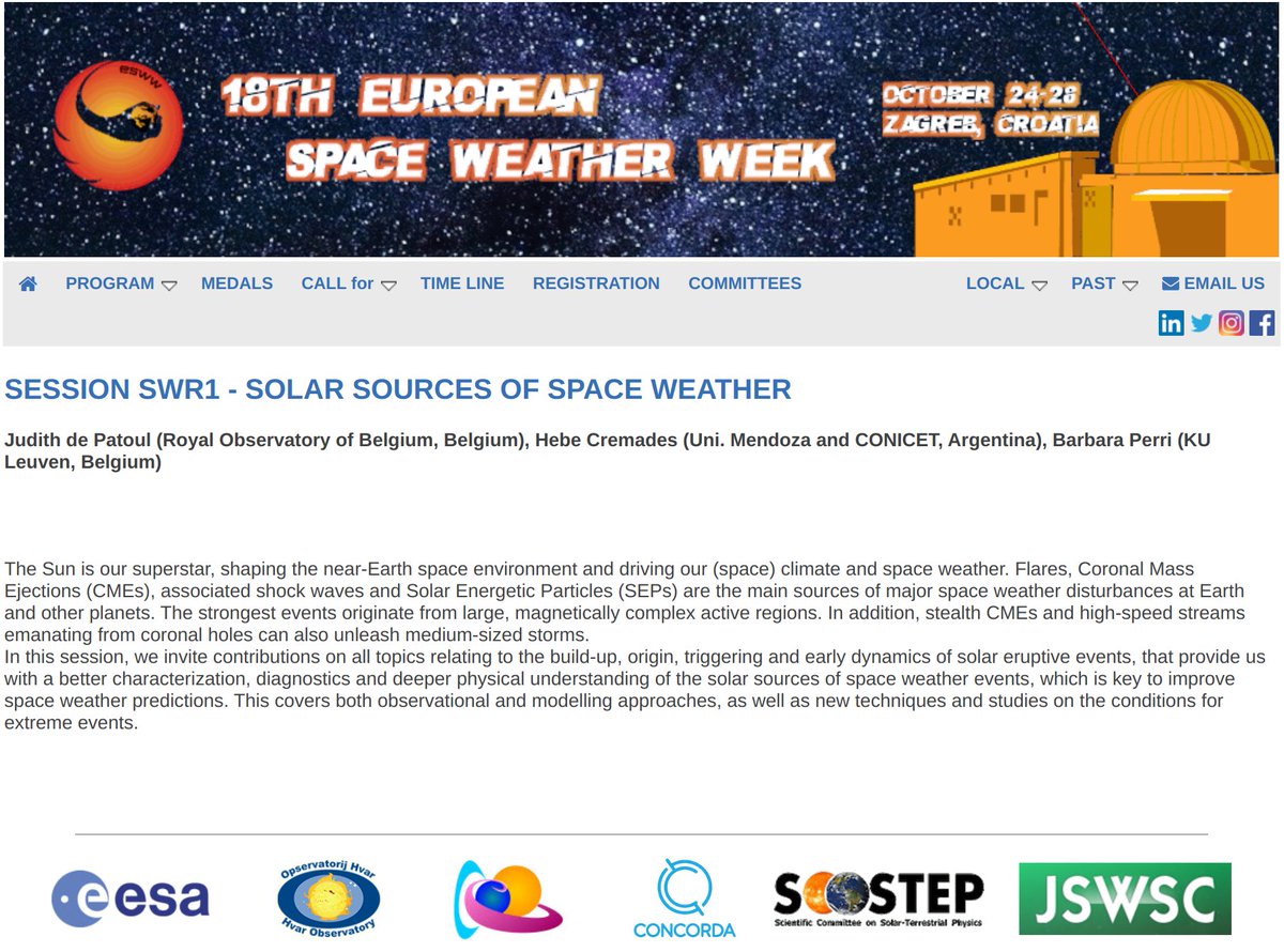 Session co-convened by the young dynamic scientists Hebe Cremades and <a href="/BarbaraPerri2/">Barbara Perri</a> @ESWW22 
  👉Solar Sources of Space Weather👈

Deadlines to submit your abstract:
🟥Oral presentations - 1st July
🟩Posters - 10th September

➡️stce.be/esww2022/progr…

See you in #Zagreb😎