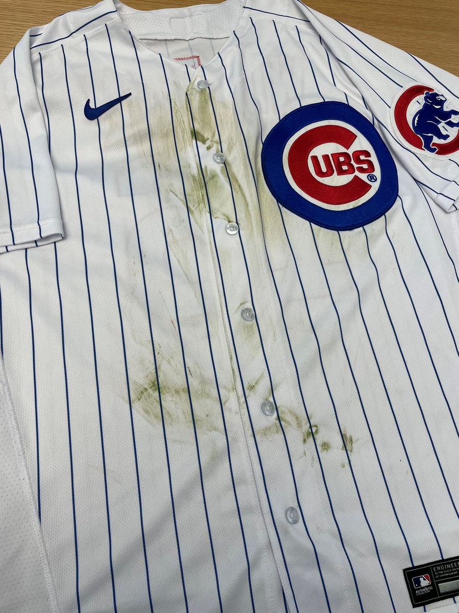 And a game-used grass stain on Patrick Wisdom's game-used jersey from eight games this homestand. 

He also hit his 11th home run in this jersey. 

Up for auction here: 
atmlb.com/3tiFK1e