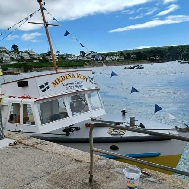 BelleMawes's tweet photo. The Medina Mist popped over to St Mawes this morning 
Departures from Falmouth to St Mawes are 10am, then on the half hour from 10.30am onwards 
Departures from St Mawes to Falmouth are on the Hour 11am onwards look for the Yellow boats #visitstmawes #mayqueen #medinamist https://t.co/FMwm1K67tg
