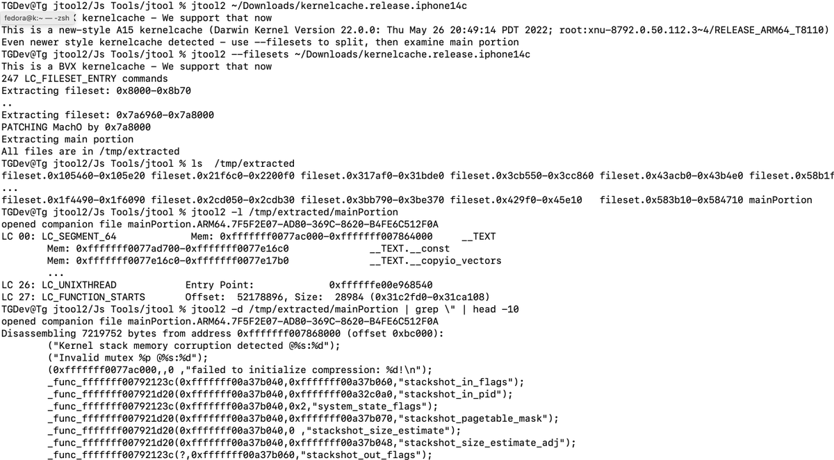 Technologeeks's tweet photo. Apple's new #iOS16 #kernelcache format confusing your #IDA or #Ghidra?
We've updated #jtool2 to not only support, but also analyze the new kernelcache (with joker lib) and keep the best mach-O command-line parsing tool up-to-date!
https://t.co/KzFQjH03dj https://t.co/IwOe9Z0LgS
