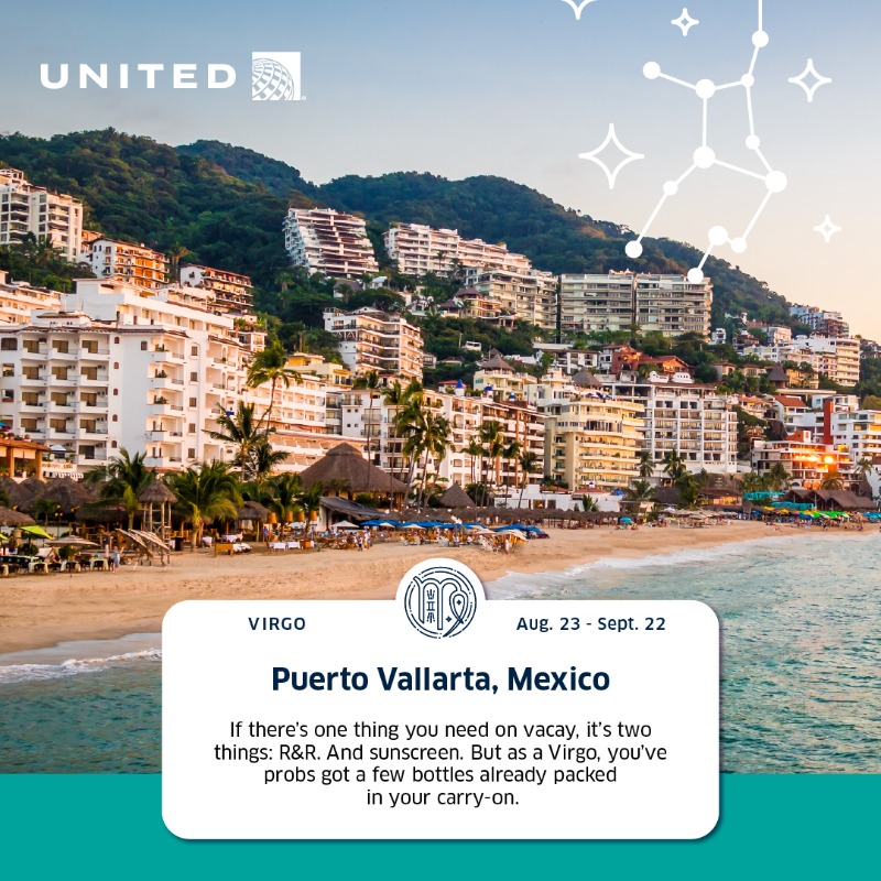 united's tweet photo. Where should you travel this fall based on your zodiac sign? If you’re a ♍️, then we know just the place 🇲🇽