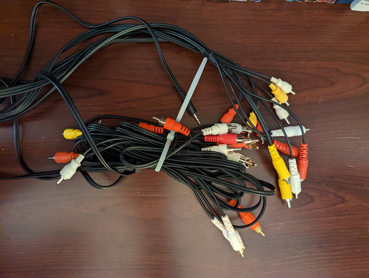 AnthonyHansen's tweet photo. Throw them out?! Are you mad?? I might need them one day. (Despite them sitting untouched in a box in a cabinet for years.)
#RCACables #AncientTechnology #OldSchoolGaming https://t.co/wBnrTWaM4b