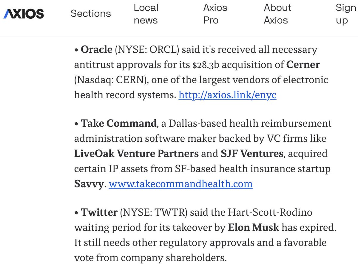 Well, looks like we’re caught between a rock and a hard place this week with <a href="/Oracle/">Oracle</a> / @Cerner and <a href="/elonmusk/">Elon Musk</a> / @Twitter!

Thrilled to share that <a href="/SavvyForAll/">Savvy</a>'s health insurance payments platform has been acquired by <a href="/TakeCmdHealth/">Take Command</a> (🧵)