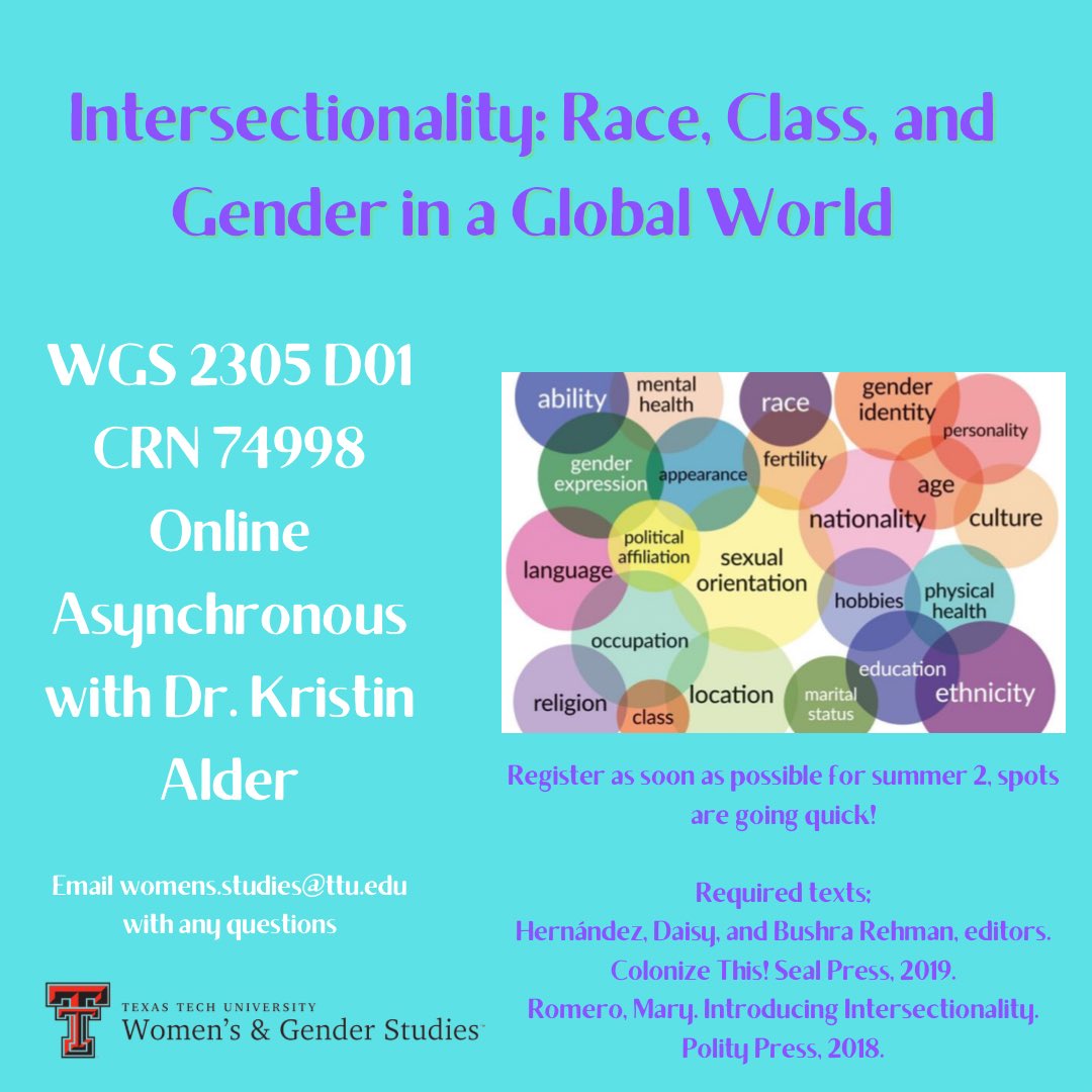 TTU W&GS (@ttuwgs) on Twitter photo Register for “Intersectionality: Race, Class, and Gender in a Global World” for summer 2 NOW! Email womens.studies@ttu.edu with any questions! #ttuwgs Register for “Intersectionality: Race, Class, and Gender in a Global World” for summer 2 NOW! Email womens.studies@ttu.edu with any questions! #ttuwgs