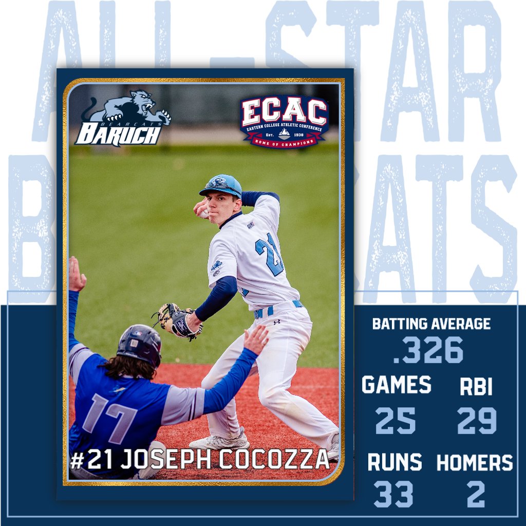 ⚾Congratulations to Joseph Cocozza on being voted a 2022 @ECACSports All-Star Honorable Mention! The @CUNYAC MVP earns his first regional honors after an outstanding rookie season with Bearcats! #BaruchBaseball @BaruchBearcatAD @BaruchCollege @BaruchAlumni @BaruchSAAC