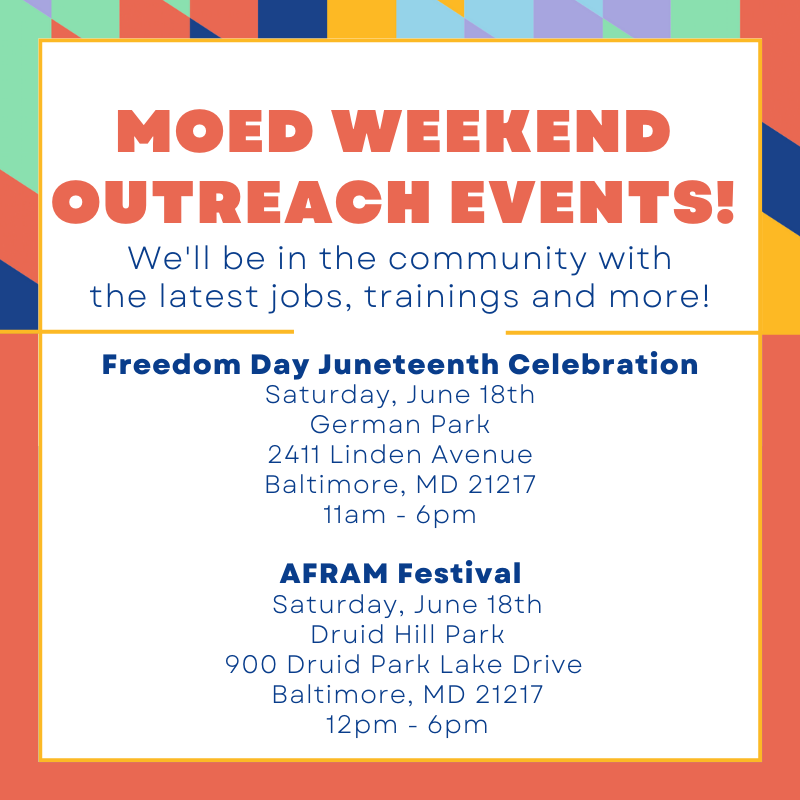 JobsBaltimore_'s tweet photo. Come see us this weekend!
We'll have info on jobs, trainings, financial counseling and MORE!
Can't make it but still want info? Fill out our contact form at https://t.co/NNYKHB1pw9 or visit one of our Job Centers https://t.co/iEAiBpcZUs
#BaltimoreJobs #MyBmore #MeetMeAtAFRAM https://t.co/P5Nh8DkgqI