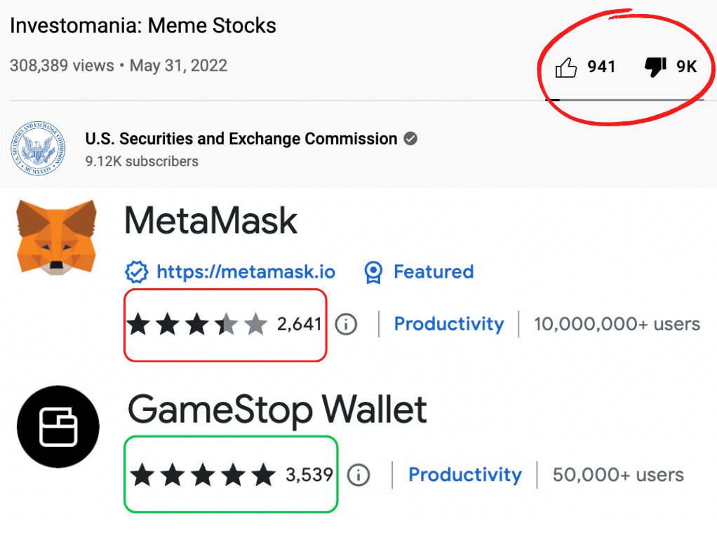 joecomotion1's tweet photo. Latest SEC YT video got over 9000 dislikes for insulting investors &amp; meme stocks.

But meme stocks are real companies building products.

In 14 days, GameStop Wallet got more 5-star reviews than MetaMask got in the past 6 years. 

Why's it more successful? Here's a breakdown 🧵 https://t.co/mG5MVW5Knh