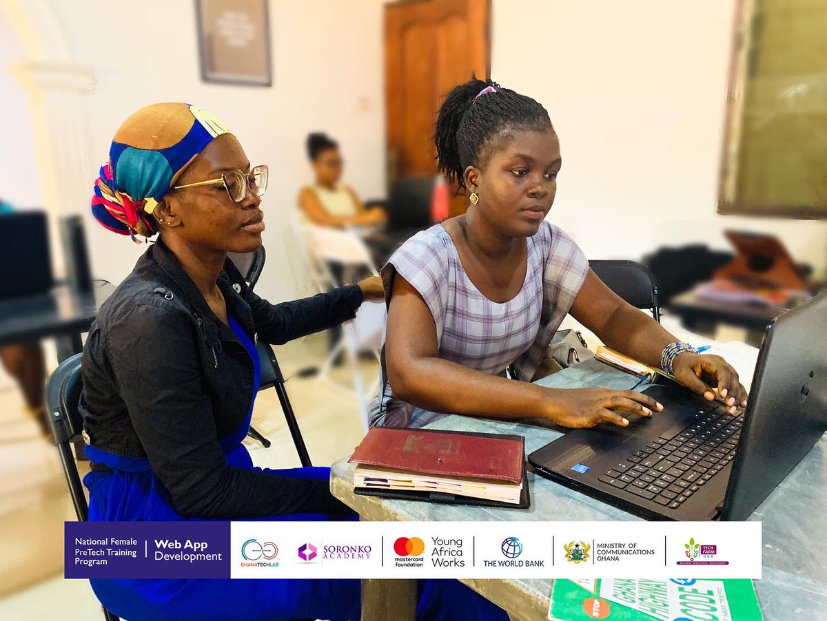 TECHFARMHub's tweet photo. The National Female PreTech Training Program is in its third week. 

The ladies learnt how to use JavaScript to make their HTML and CSS webpages dynamic.

 #GTLimpact
#GTLWebDev
#PaSE
#YoungAfricaWorks
#ghana
#youthemployment
#TECHFARMHub https://t.co/45ZO07F3kR