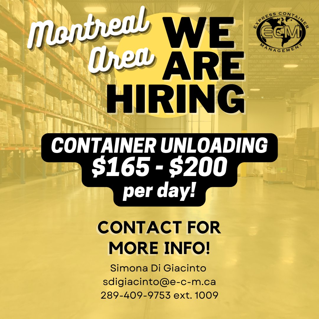 ECM2002's tweet image. Container Unloaders!
💵 $165.00-$200.00/day
🗓Full time
🕐 Morning and overnight shifts
🇨🇦 Montreal QC

💪🏽Our flat-rate system allows us to offer you a higher than average payment 
💵We do not pay per hour, but per container, which allows you to make better use of your time ⏱