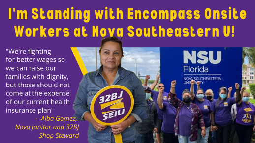 32BJFlorida's tweet photo. Janitors at @NSUFlorida who make as low as $11.20/hr are fighting for a fair contract &amp; living wages to raise their families with dignity! It shouldn't come at the expense of their union health benefits! #IStandWithNovaWorkers Sign Up Now =>https://t.co/uAA0aenDNL https://t.co/vc3M2moEPz