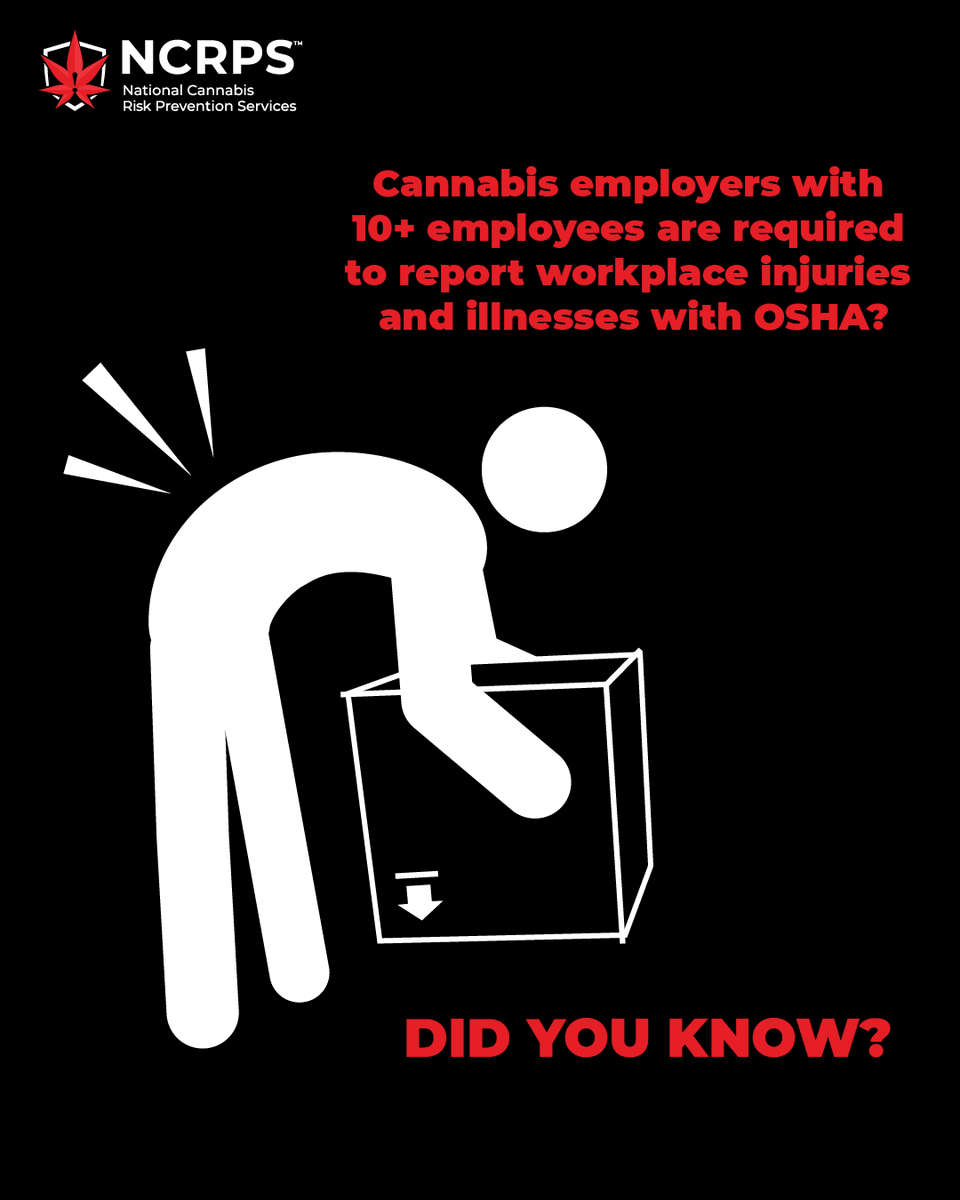theNCRPS's tweet photo. Did you know cannabis employers with over 10 employees must record of serious work-related injuries and illnesses?

If good records aren't kept and an incident occurs, the business could suffer.

Learn your risk:
https://t.co/1iGSjBLtFX

#KnowYourRisk #NCRPS https://t.co/Q21DnatDC0