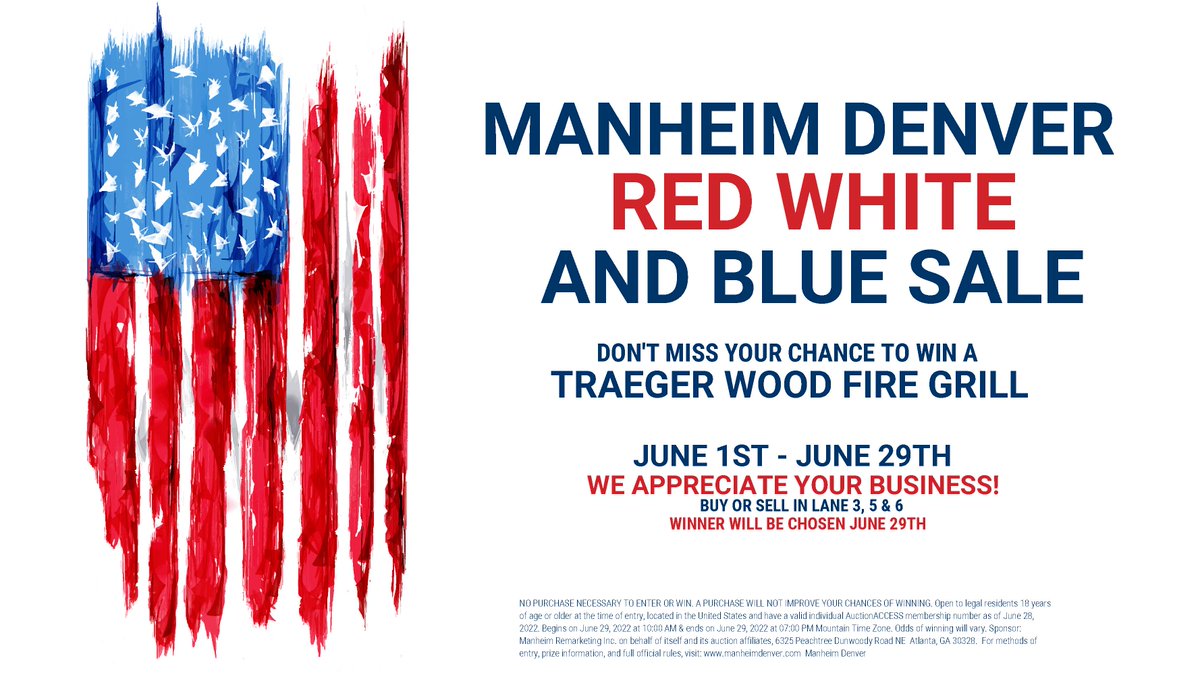 ManheimDenver's tweet image. Help us celebrate this year’s Red White and Blue Sale. Buy or sell any vehicle in lanes 3, 5 &amp;amp; 6 in the month of June to be entered to win a Traeger Wood Fire Grill. Preview Inventory -&amp;gt; bit.ly/red6-8