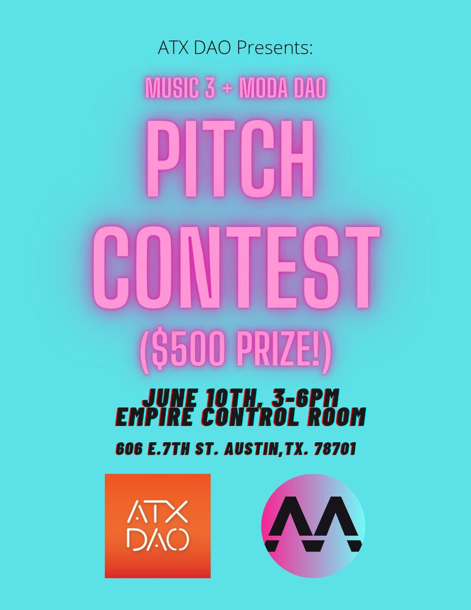 ATXDAO's tweet photo. Join MODA and friends at the first part of Keep Austin Web3 for all things Web3 x Music at 3-6PM.

Meet developers, DAOs, artists, and creators as they pitch their Music3 ideas. Best pitch wins $500 USDC!

Enter here: https://t.co/os6umOtj6t
RSVP here: https://t.co/qu38HN2JDf https://t.co/Uz3rRR3KDg