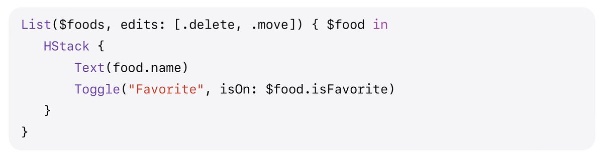 luka_bernardi's tweet photo. One cool additions to List that is going to make it even easier to build complex UI is a new initializer taking a collection of edit operations.

You can have an editable list with delete and reorder operations synthesized for you. Check it out here: 
https://t.co/WHfxFAOSxu https://t.co/A4D2TbTyvx