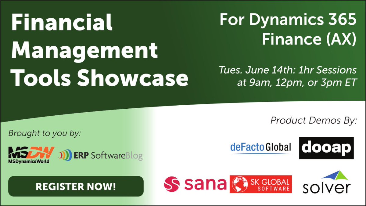SolverGlobal's tweet photo. Join us next Tuesday, June 14 (pick your time!) for our online event that helps you select the right Financial Management Tool for your #MSDyn365 Finance solution. Get the details: https://t.co/tKIr7JNdV2 https://t.co/ckFLuSVMGc