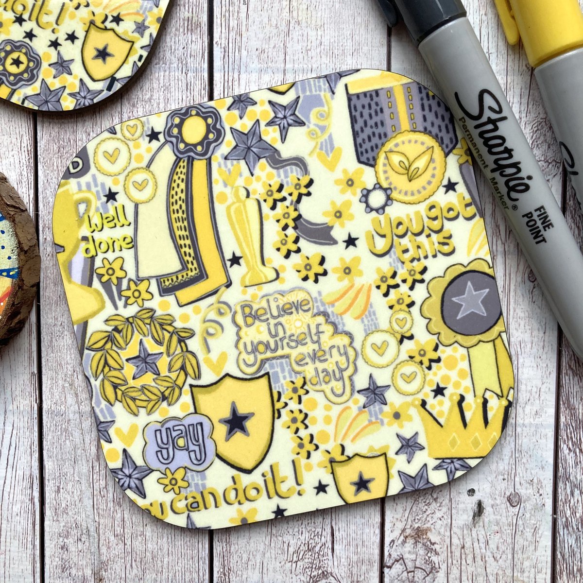 buck_lj's tweet photo. Believe In Yourself Quote Coaster, Motivational Quotes, Positive Affirmation Coaster, Yellow, Grey, Housewarming Gift, Inspirational Gifts. https://t.co/WkvTuo0e1W #Etsy #Slumbermonkey #DrinksCoasters https://t.co/byLfYZGuIE
