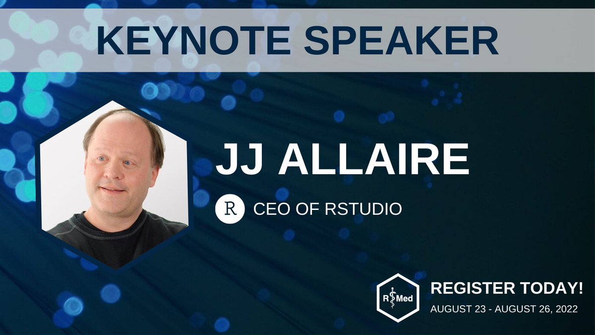 r_medicine's tweet photo. Get excited about the #rmed2022! There will be two days of keynotes including JJ Allaire, CEO of @RStudio! https://t.co/qm6bm24p3Z  #rstats  #rmed2022 https://t.co/X9926FW2rN