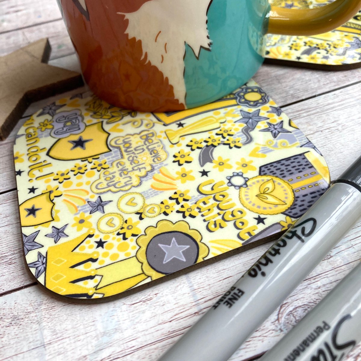 buck_lj's tweet photo. Believe In Yourself Quote Coaster, Motivational Quotes, Positive Affirmation Coaster, Yellow, Grey, Housewarming Gift, Inspirational Gifts. https://t.co/WkvTuo0e1W #Etsy #Slumbermonkey #DrinksCoasters https://t.co/byLfYZGuIE