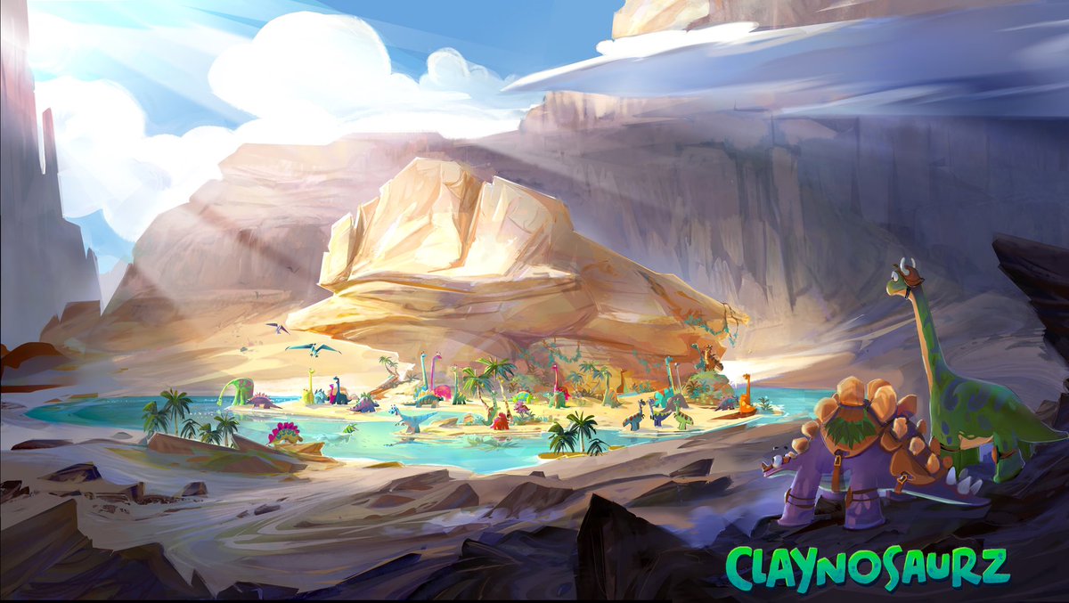 Claynosaurz's tweet image. At the edge of the Badlands, Claynosaurz find refuge at an ancient sanctuary. Around the Watering Hole tales are told, discoveries shared, barters settled and alliances made. Here, all creatures are welcomed.

Enter the Lost Oasis! Link in Bio 🏝🌋