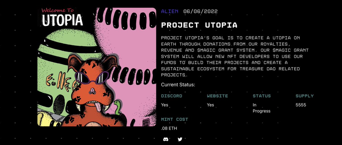 PROJECT_UT0PIA's tweet photo. 🚨Attention🚨
Project Utopia is now listed on @smolpad !!!!
We are excited for the $Magic future that lies ahead of us!!!
✨Welcome to Utopia✨
#ProjectUtopia #NFT https://t.co/D1eK6b2hNo