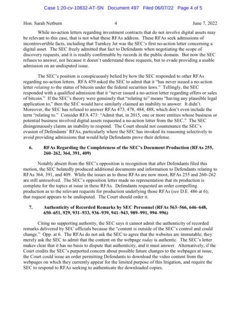 #XRPCommunity #SECGov v. #Ripple #XRP Ripple Defendants file a reply letter in further support of their motion regarding the deficiencies in the SEC’s responses to the Ripple Defendants’ Fourth Set of Requests for Admissions.