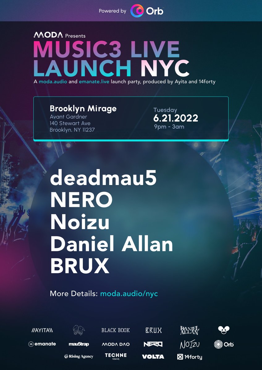MODA is excited to announce our #Music3 launch party at Brooklyn Mirage with up to 5000 people. 

Watch deadmau5, NERO, Noizu, Daniel Allan &amp; BRUX play with integrated visuals and music drops on an 85metre LED screen, in the middle our biggest week ever!

moda.audio/nyc