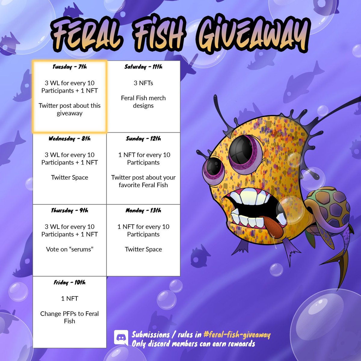 go4brando's tweet photo. It's official! We're less than 10 days out from the Invasion of the Feral Fish in @carkayous by @jessesmithart!! That means your chance to win more free NFTs! Coming to you on June 14th on @EbisusBay! #PsiloFishResearchGroup https://t.co/4F8NKpS34B