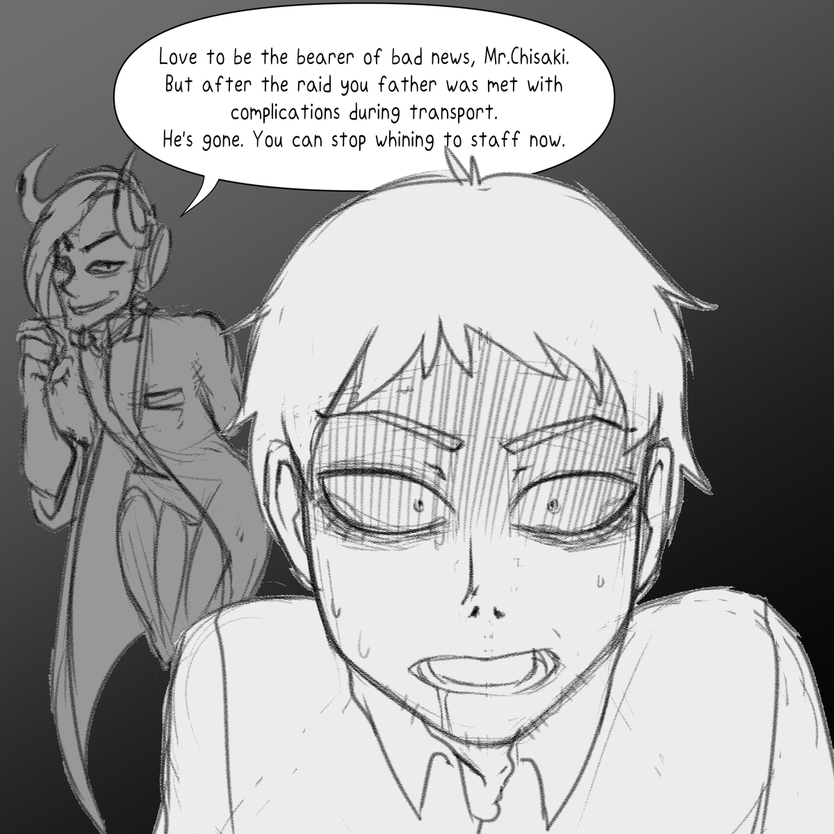 Fungalzombie's tweet photo. #HurtHaulWeek2022 day 2: Mind Break. Scion doesn't care if it's true, just that it upsets his patient. Maybe he'll have a more peaceful day if the patient stops screaming about his "pops" for a while. https://t.co/JLZeBmy7q5